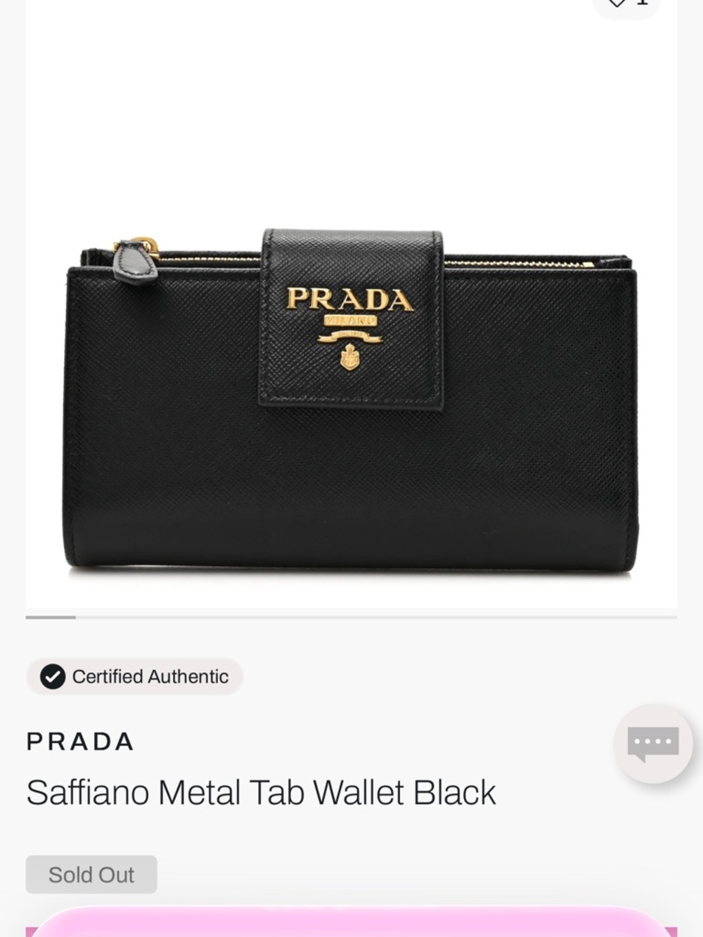 Prada Black Saffiano Leather Wallet with Gold Metal Logo.